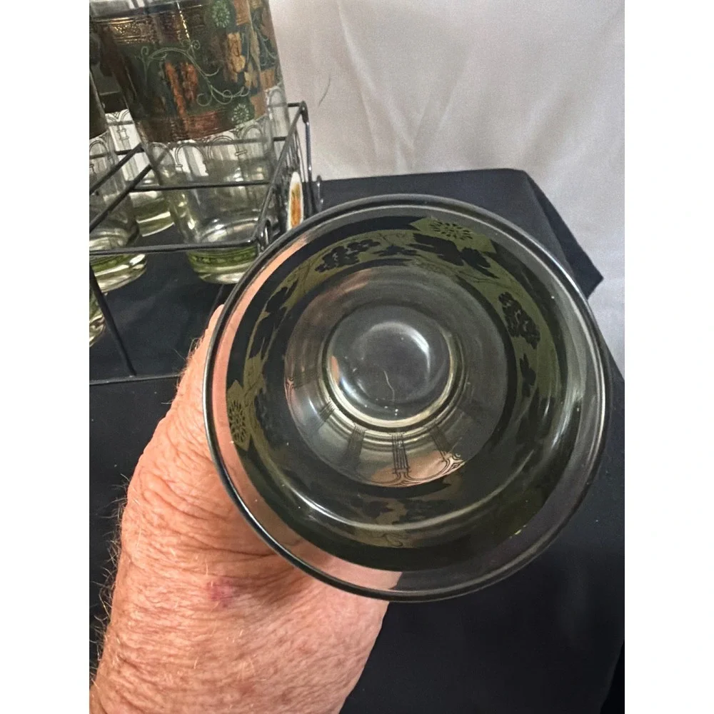 Vintage Cera Highball Glasses Set of 6 Green Gold Grape MCM Black‎ Metal Caddy